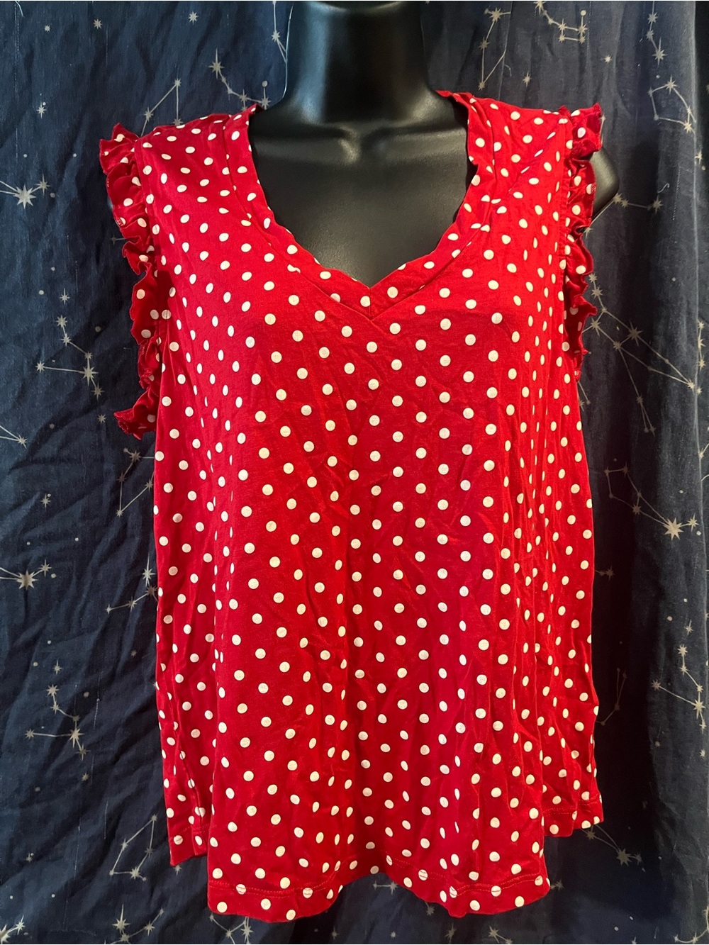 cleo Red Polka Dot Ruffle Sleeve V-Neck Tank